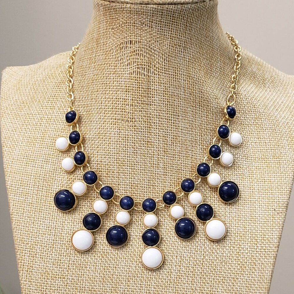 Charming Charlie, gold tone blue white flat round dangle statement necklace
